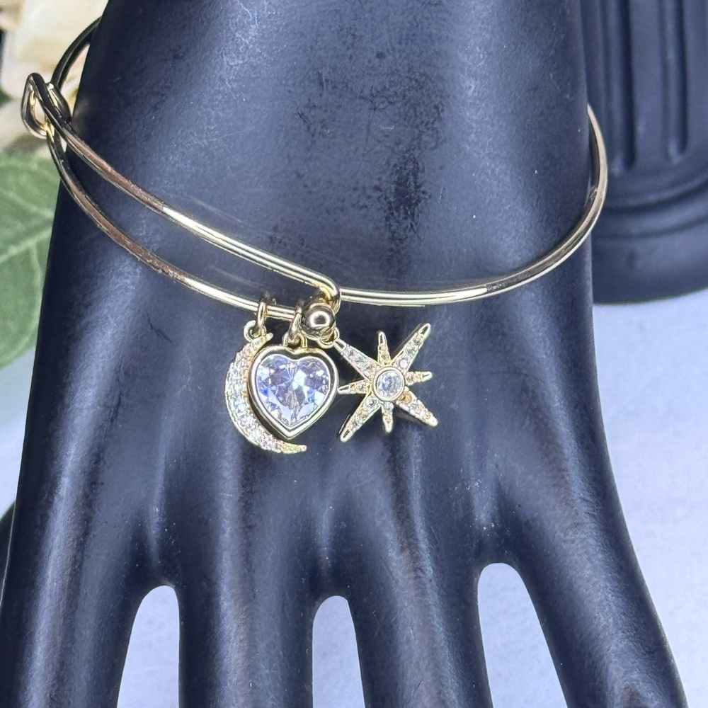 Gold Bangle Crystal Moon Sun & Heart Charm Bracelet Made With Swarovski Crystals